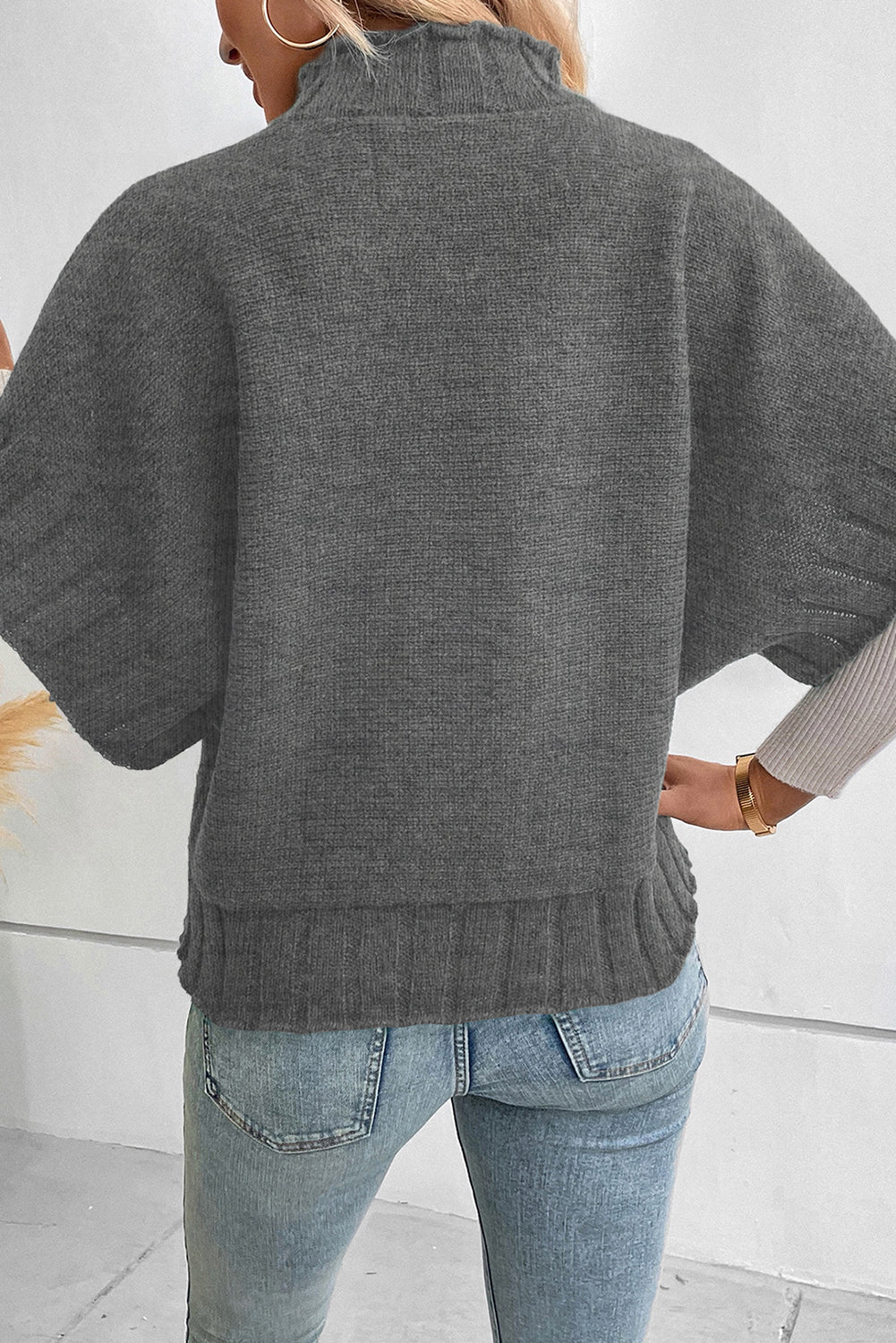 Medium Grey Mock Neck Batwing Short Sleeve Knit Sweater Sweaters & Cardigans JT's Designer Fashion