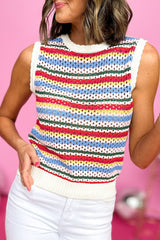 White Colorful Blanket Stripe Knit Sweater Vest Sweaters & Cardigans JT's Designer Fashion