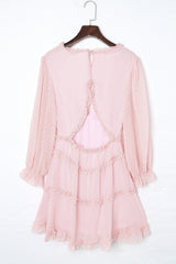 Pink Layered Ruffled Open Back Puff Sleeve Swiss Dot Mini Dress Mini Dresses JT's Designer Fashion