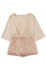 Khaki Sequin Patchwork Drawstring High Waist Romper Jumpsuits & Rompers JT's Designer Fashion