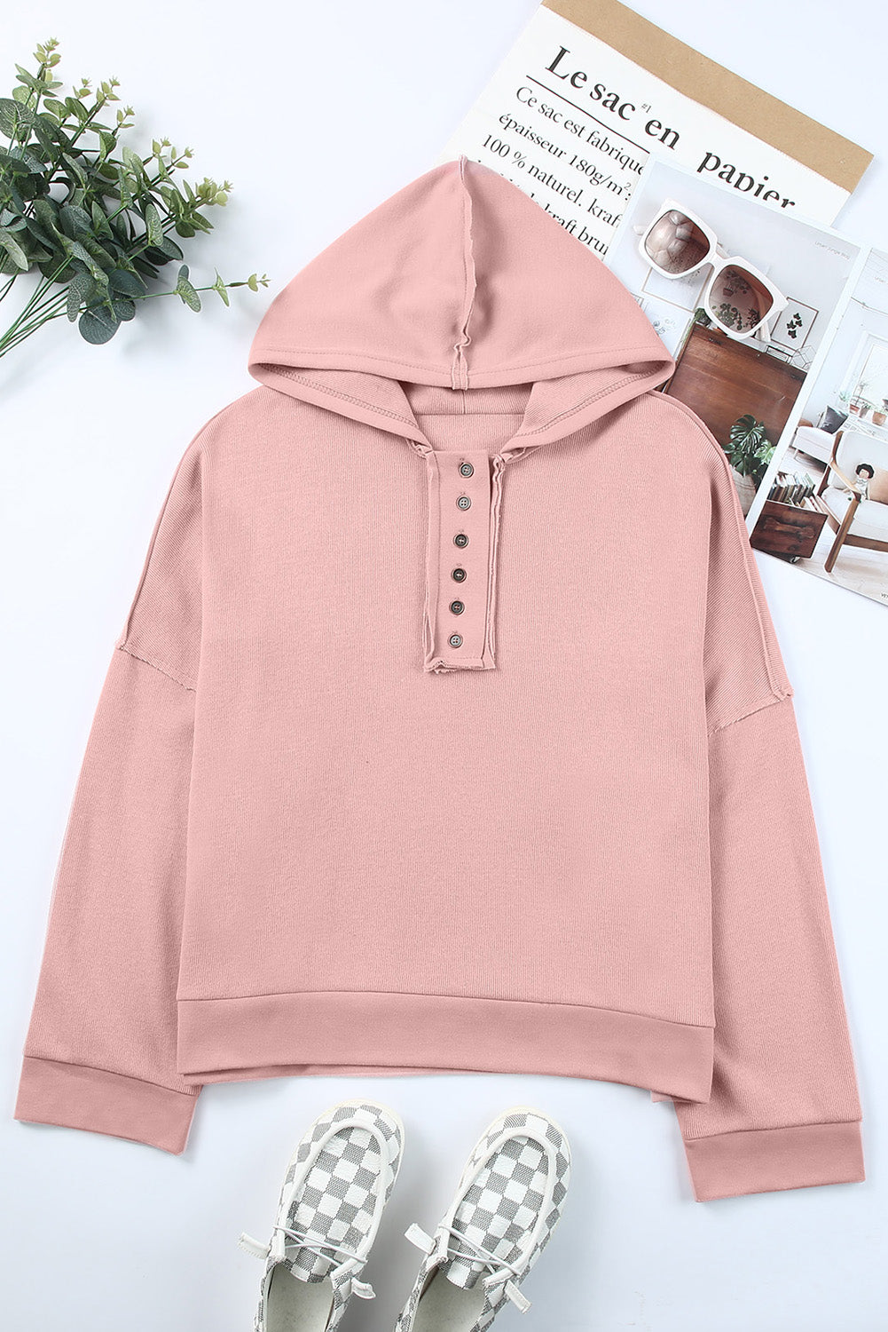 Pink Casual Button Solid Patchwork Trim Hoodie Sweatshirts & Hoodies JT's Designer Fashion
