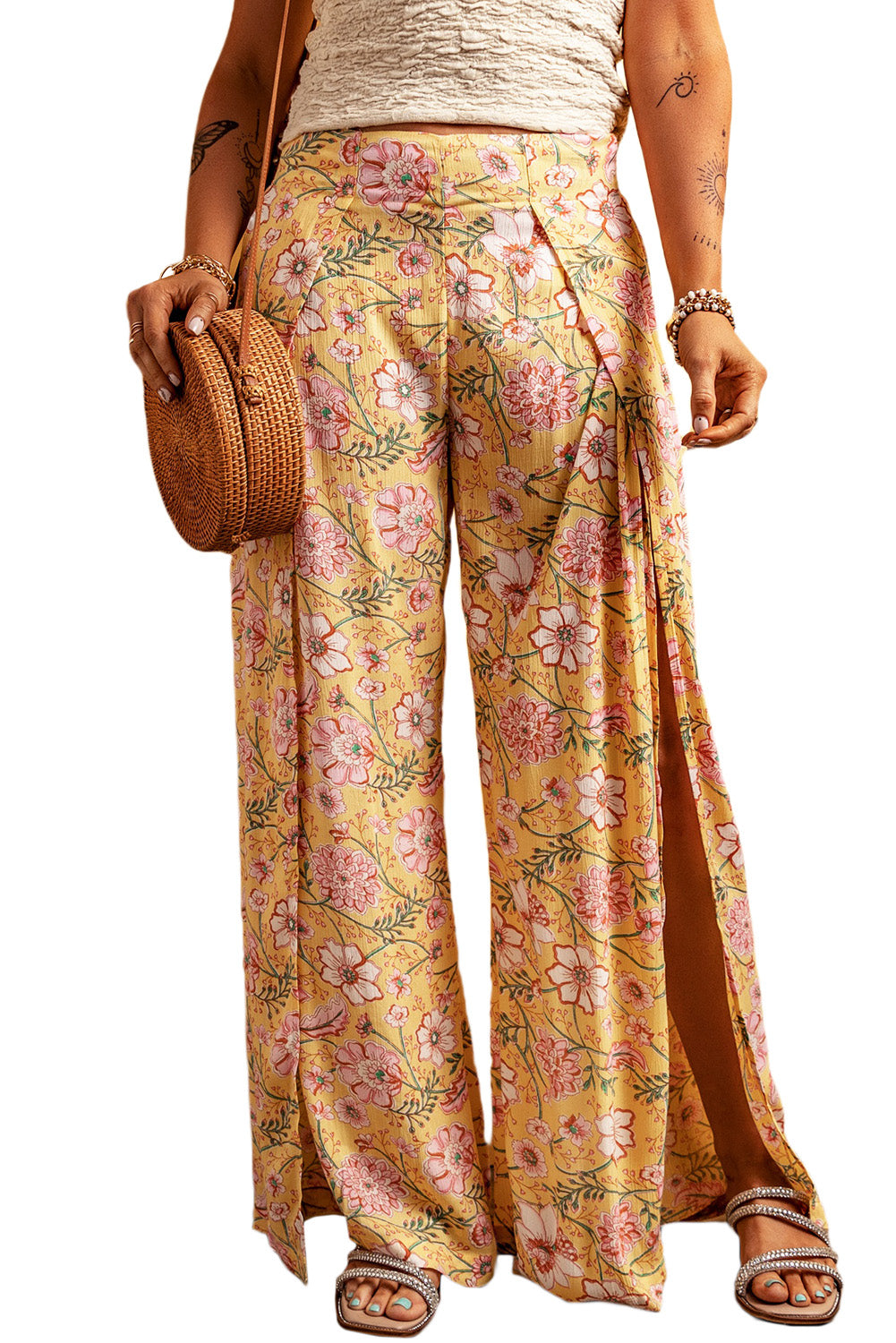 Yellow Thigh High Split Wide Leg Floral Pants Bottoms JT's Designer Fashion
