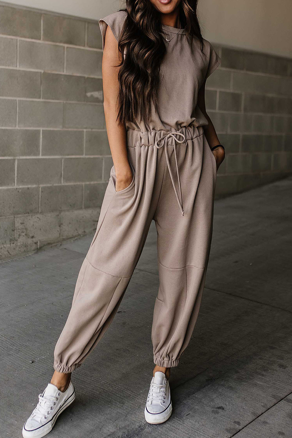 Light French Beige Cap Sleeve Open Back Drawstring Jogger Jumpsuit Bottoms JT's Designer Fashion