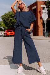 Navy Blue Gray Textured Loose Fit T Shirt and Drawstring Pants Set Bottoms JT's Designer Fashion