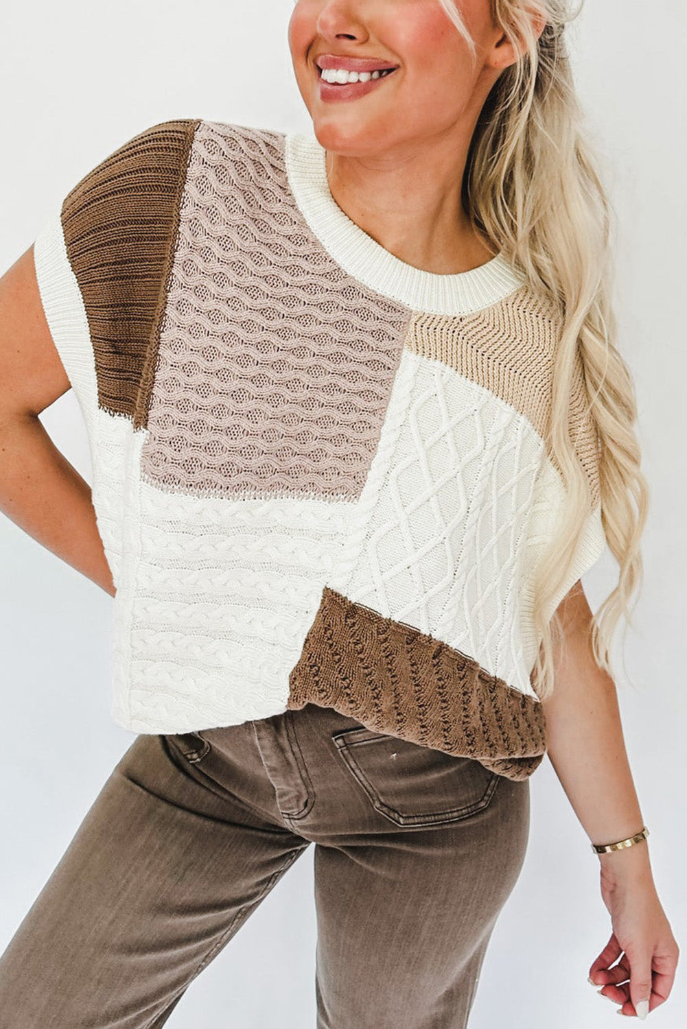 Multicolor Mixed Patterned Colorblock Textured Sweater Vest Sweaters & Cardigans JT's Designer Fashion