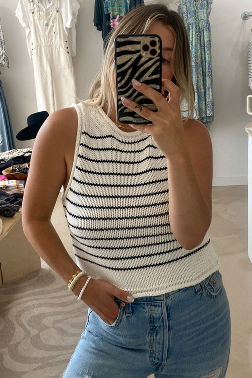 Black Stripe Raw Edge Knitted Sleeveless Sweater Sweaters & Cardigans JT's Designer Fashion