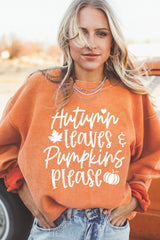 Orange Autumn Leaves Pumpkins Please Ribbed Oversized Sweatshirt Graphic Sweatshirts JT's Designer Fashion