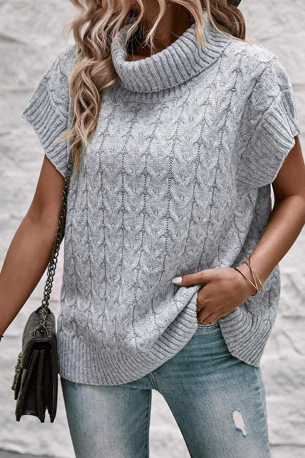 Medium Grey Turtleneck Short Batwing Sleeve Cable Knit Sweater Sweaters & Cardigans JT's Designer Fashion
