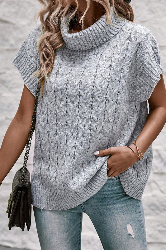 Medium Grey Turtleneck Short Batwing Sleeve Cable Knit Sweater Sweaters & Cardigans JT's Designer Fashion