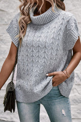 Medium Grey Turtleneck Short Batwing Sleeve Cable Knit Sweater Sweaters & Cardigans JT's Designer Fashion