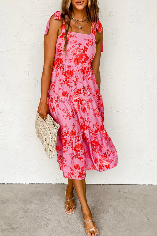 Pink Tie Shoulder Straps Floral Ruffle Tiered Dress Dresses JT's Designer Fashion