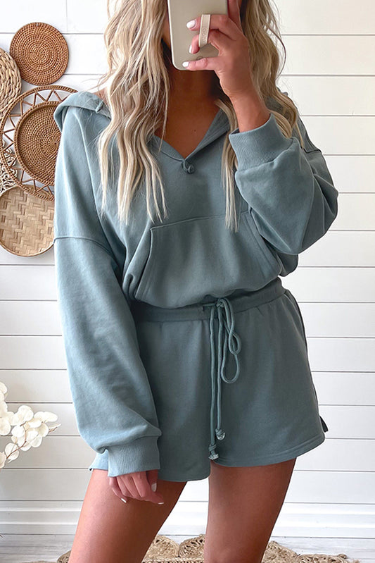 Blue Solid Hooded Sweatsuit Style Romper Bottoms JT's Designer Fashion