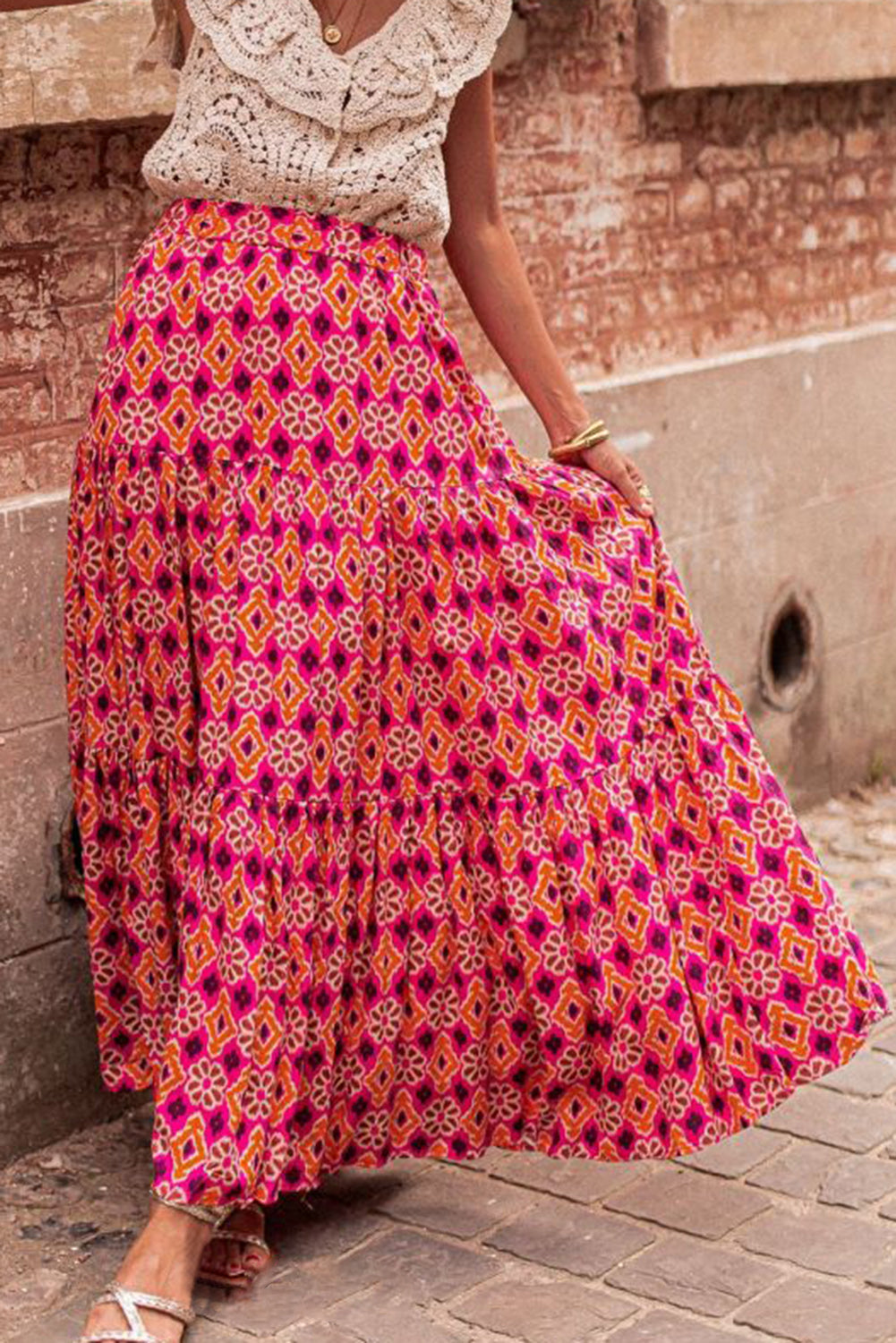 Rose Geometric Floral Print Tiered Maxi Skirt Bottoms JT's Designer Fashion