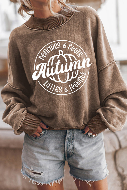 Brown Autumn Pumpkin Print Loose Drop Shoulder Sweatshirt Brown 75%Polyester+25%Cotton Graphic Sweatshirts JT's Designer Fashion