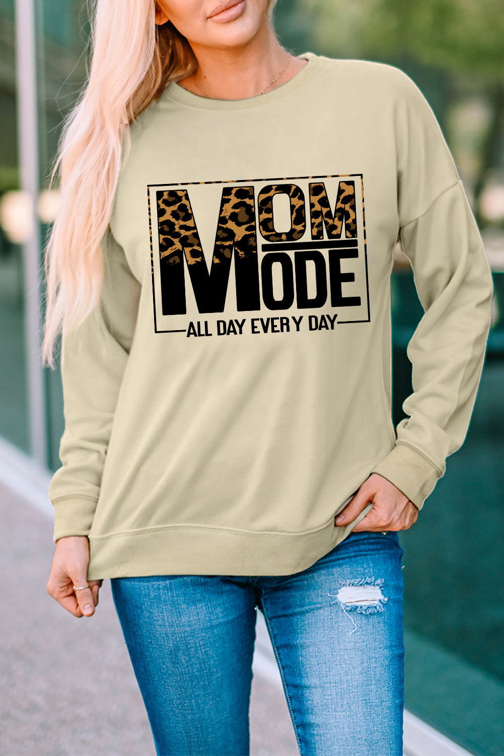 Khaki MOM MODE Leopard Print Long Sleeve Sweatshirt Graphic Sweatshirts JT's Designer Fashion