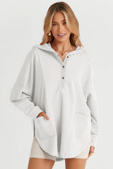 White Patchwork Side Pockets Oversized Henley Hoodie Sweatshirts & Hoodies JT's Designer Fashion