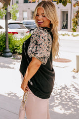 Black Daisy Printed Bubble Sleeve Plus Size Tunic Top Plus Size JT's Designer Fashion