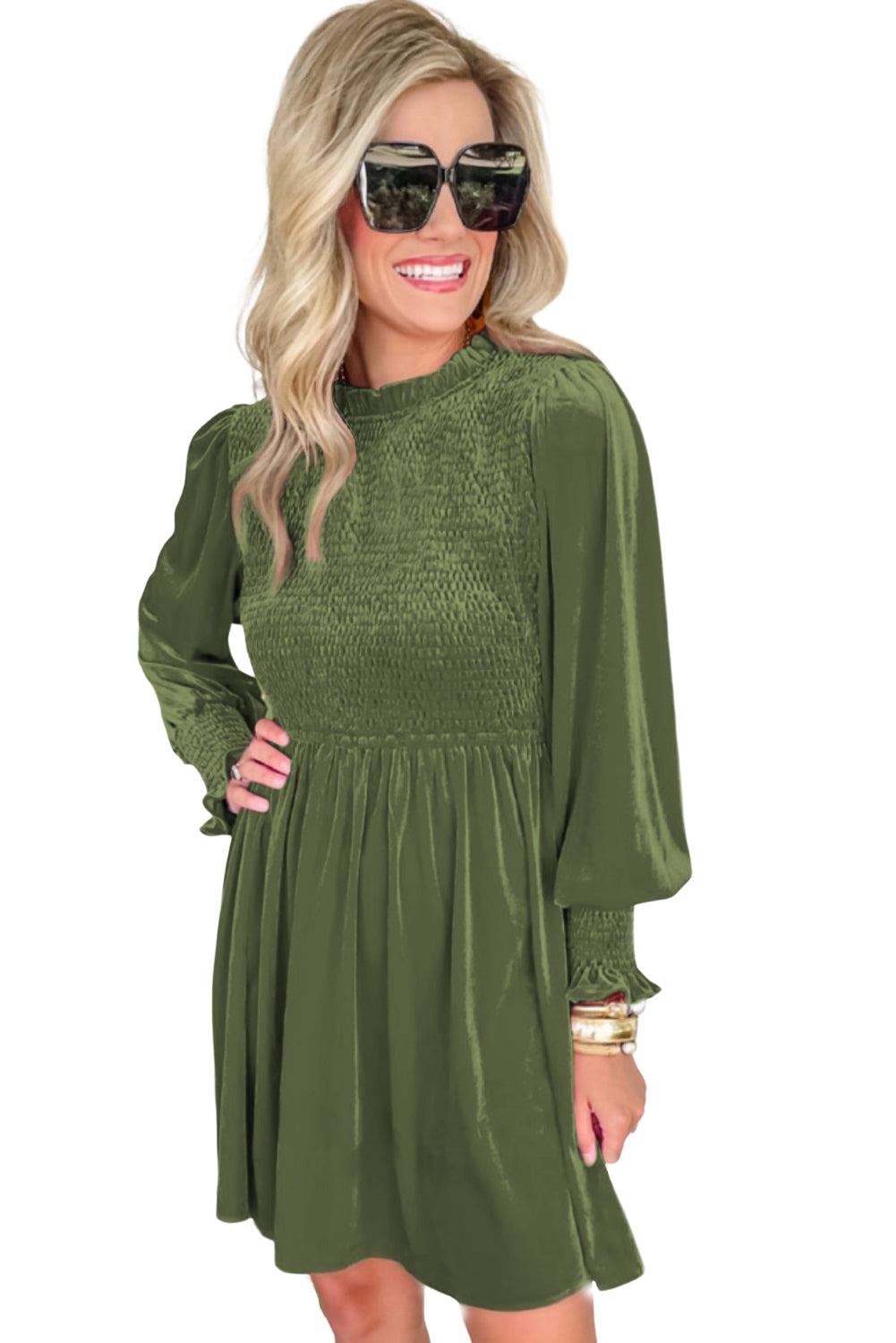 Moss Frilled Neck Smocked Bodice Velvet Dress Dresses JT's Designer Fashion