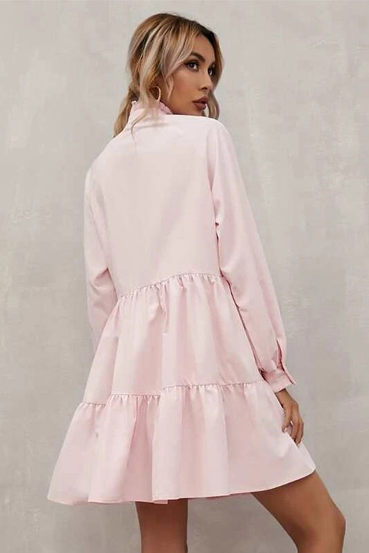 Pink Frilled Stand Collar Long Sleeve Ruffle Dress Mini Dresses JT's Designer Fashion
