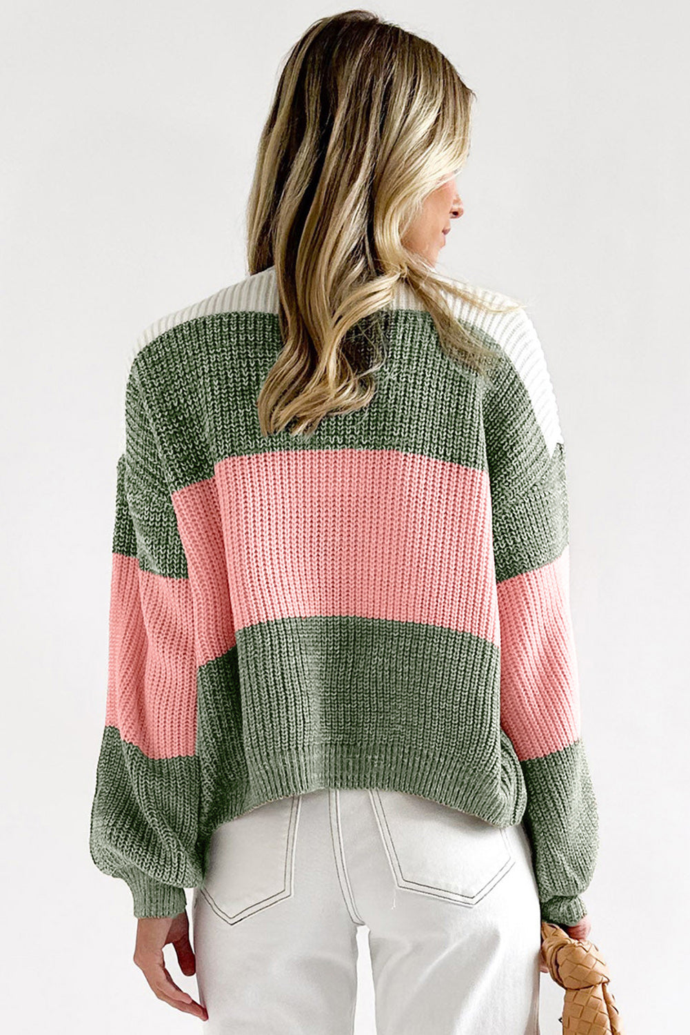 Green-2 Pink Colorblock Drop Shoulder Pullover Loose Sweater Sweaters & Cardigans JT's Designer Fashion