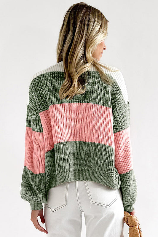 Green-2 Pink Colorblock Drop Shoulder Pullover Loose Sweater Sweaters & Cardigans JT's Designer Fashion