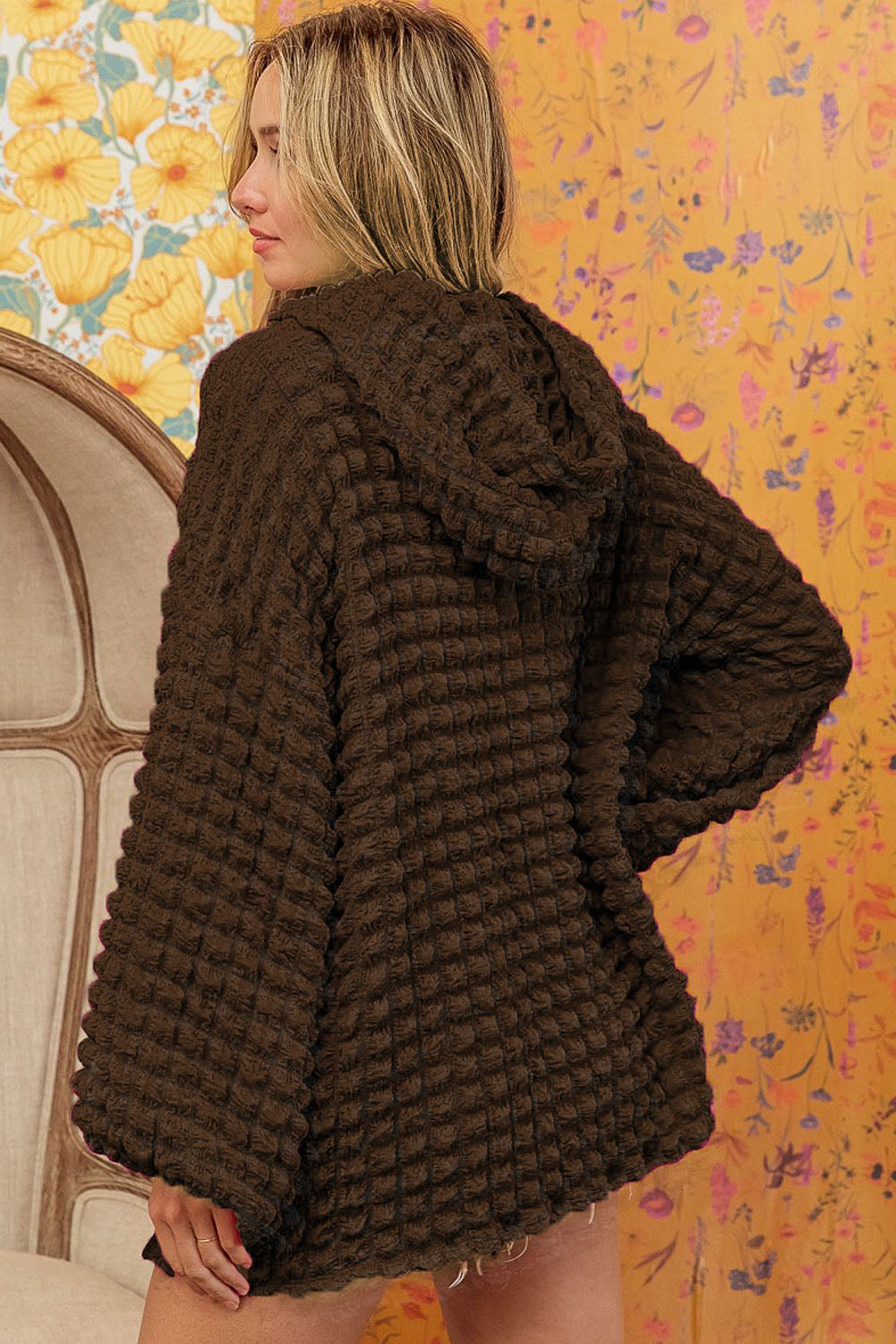 Dark Brown Bubble Textured Waffle Hoodie Sweatshirts & Hoodies JT's Designer Fashion