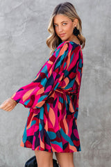 Red Abstract Printed Belted Puff Sleeve Mini Dress Mini Dresses JT's Designer Fashion