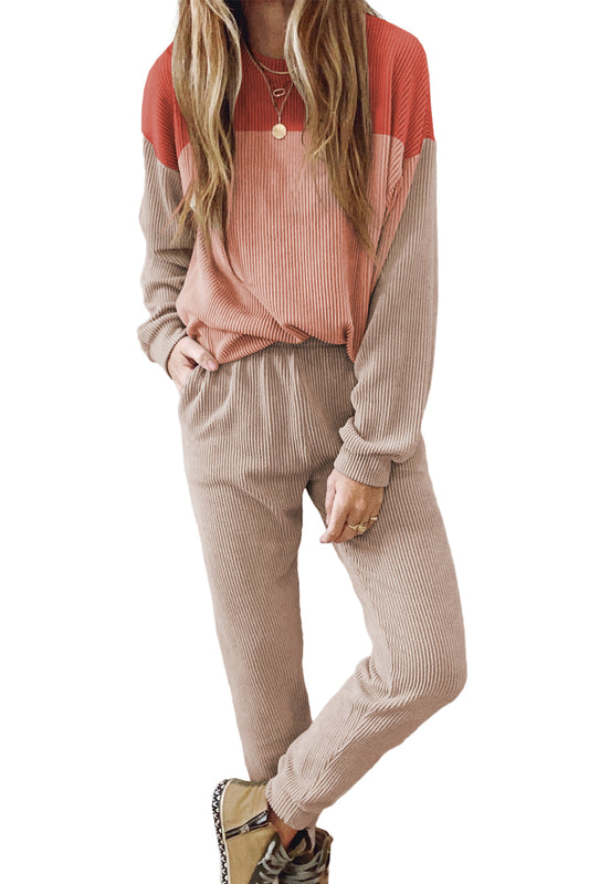 Red Colorblock Corded 2pcs Slouchy Pants Outfit Bottoms JT's Designer Fashion