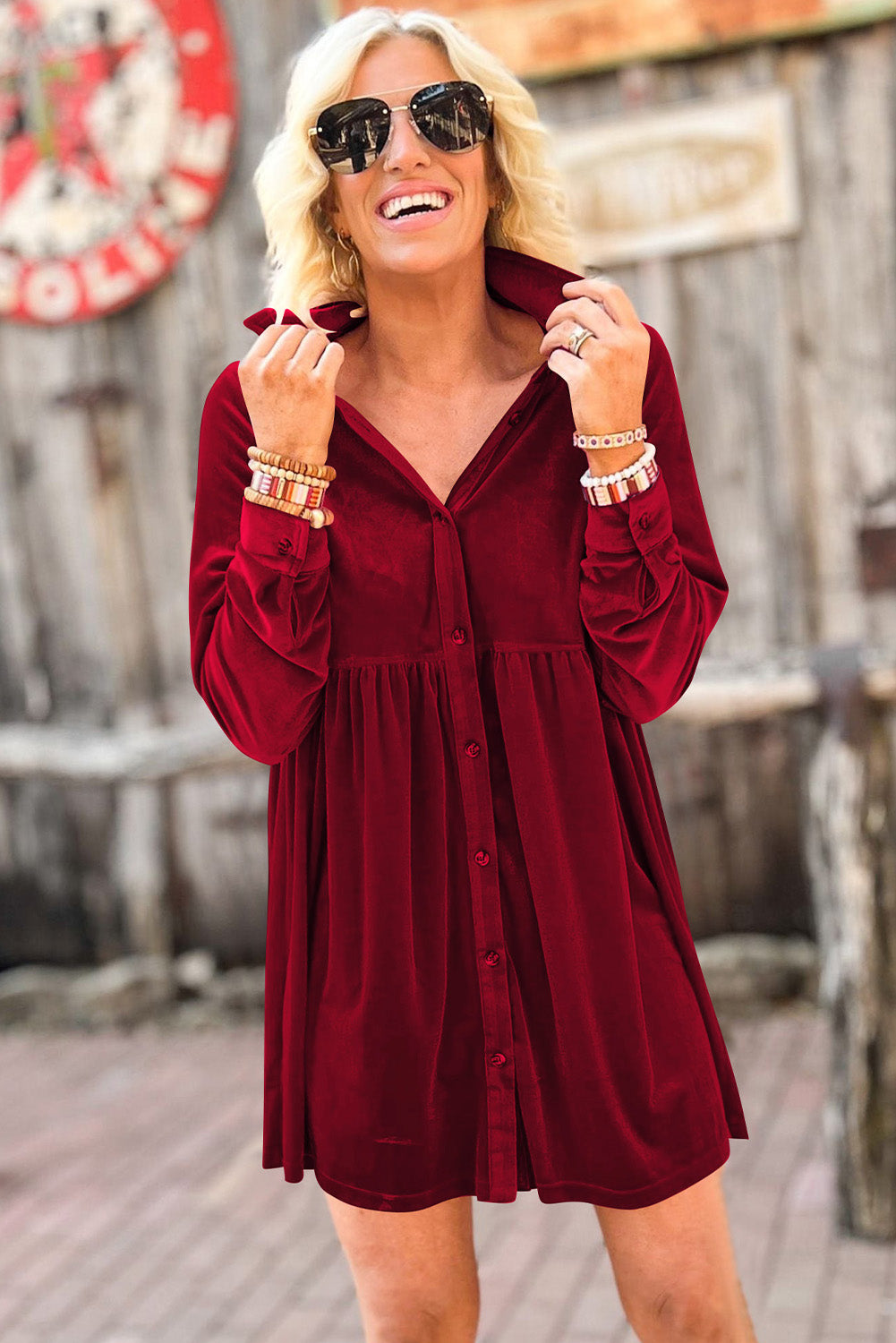 Red Long Sleeve Ruffle Velvet Button Up Dress Dresses JT's Designer Fashion