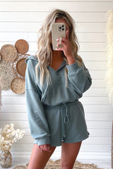 Blue Solid Hooded Sweatsuit Style Romper Bottoms JT's Designer Fashion