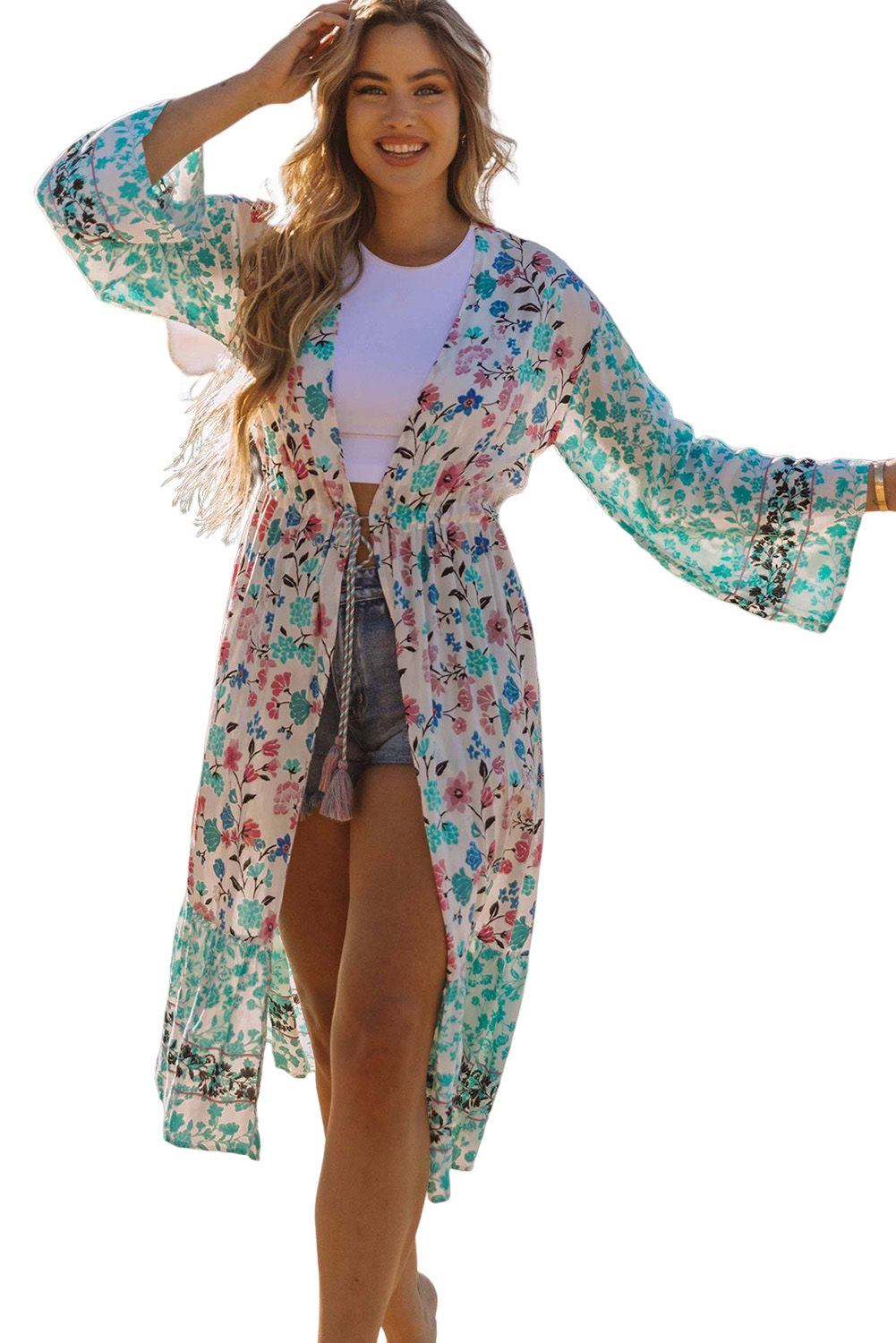 Multicolor Long Sleeve Tassel Tie Floral Kimono Kimonos JT's Designer Fashion