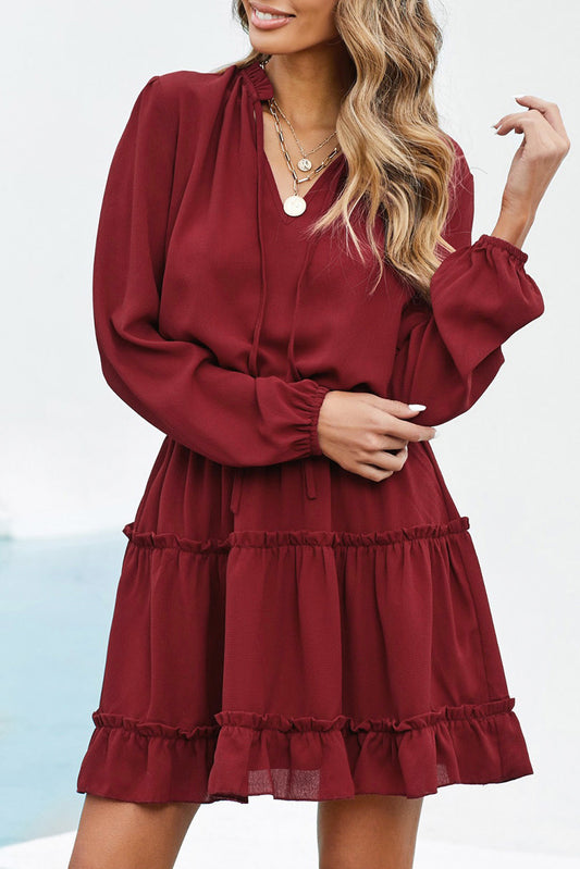 V Neck Long Sleeve Ruffle Tiered Mini Dress Mini Dresses JT's Designer Fashion
