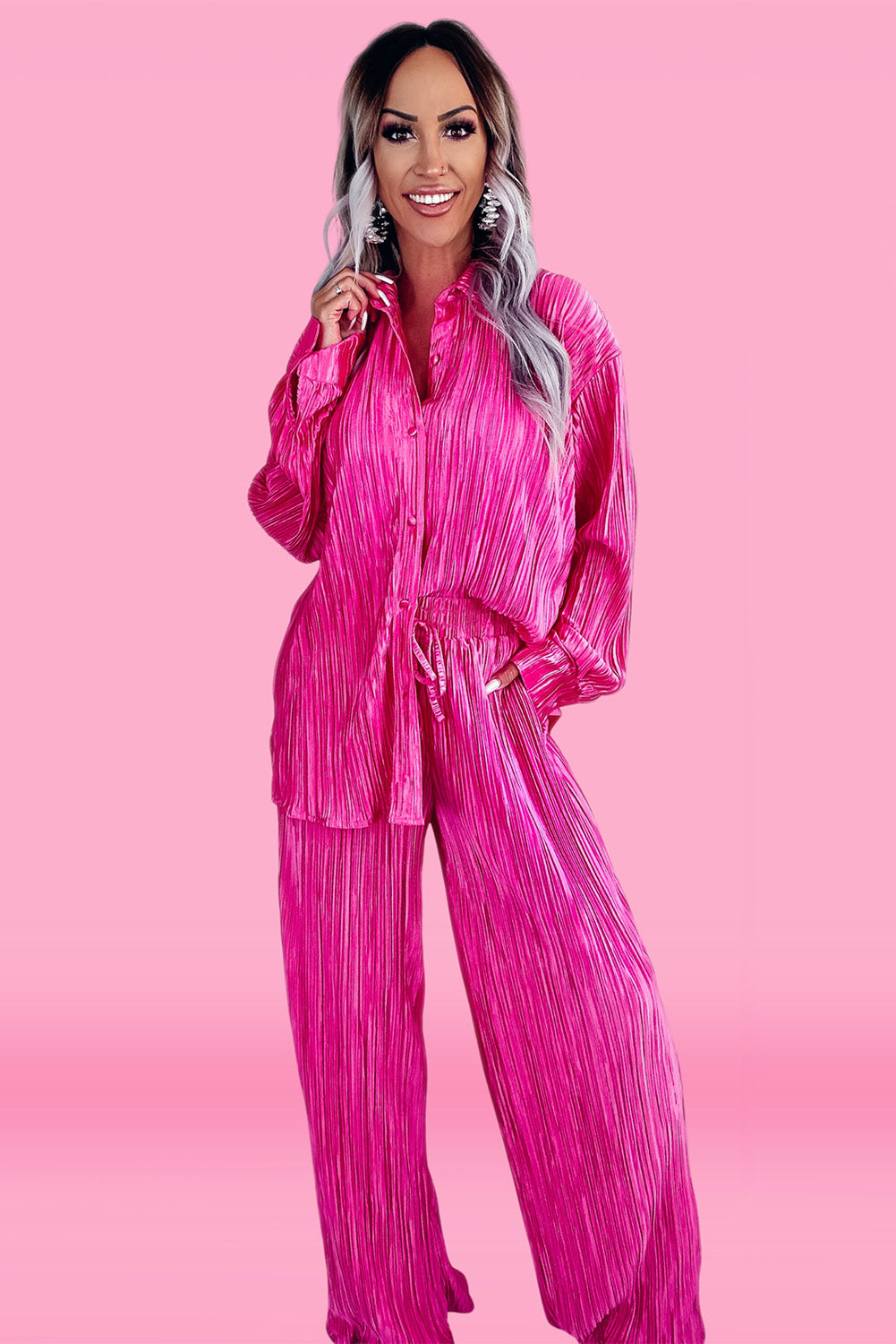Rose Pleated Long Sleeve Shirt and Wide-Leg Pants Set Bottoms JT's Designer Fashion