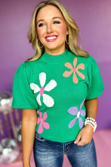 Bright Green Floral Bubble Sleeve Knitted Top Sweaters & Cardigans JT's Designer Fashion