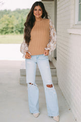 Sheepskin Floral Patchwork Ruffled Cuff Cable Knit Sweater Sweaters & Cardigans JT's Designer Fashion