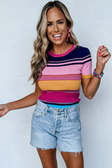 Pink Mixed Stripes Ribbed Knit Top Sweaters & Cardigans JT's Designer Fashion