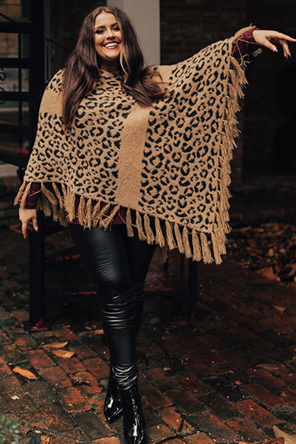 Leopard Plus Size Tasseled Hem Draped Poncho Plus Size JT's Designer Fashion