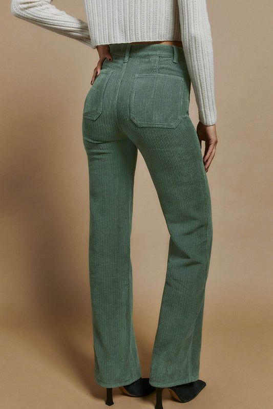 Green Square Pockets Flare Leg Corduroy Pants Bottoms JT's Designer Fashion