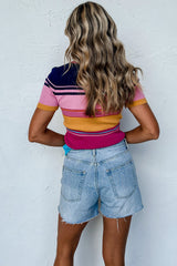 Pink Mixed Stripes Ribbed Knit Top Sweaters & Cardigans JT's Designer Fashion