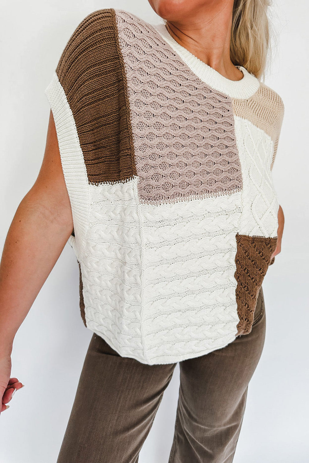 Multicolor Mixed Patterned Colorblock Textured Sweater Vest Sweaters & Cardigans JT's Designer Fashion