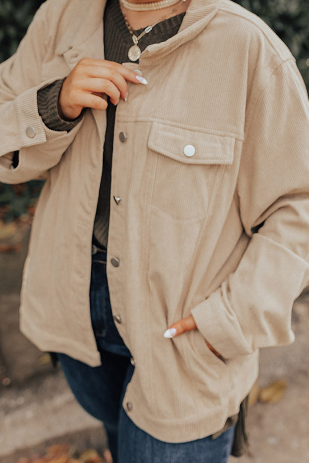 Khaki never-a-worry-corduroy-jacket-curves Plus Size JT's Designer Fashion