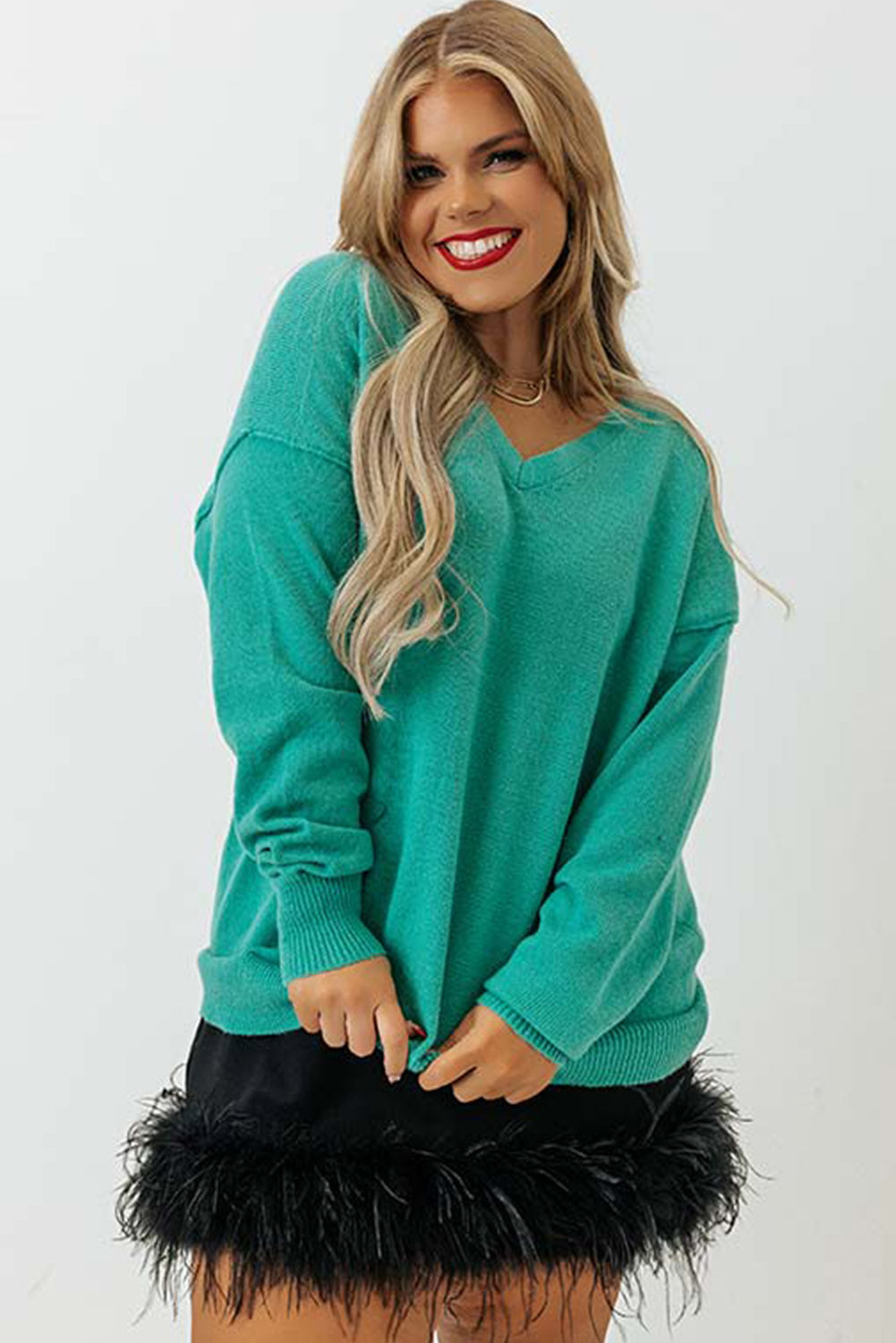 Green Plus Size Drop Shoulder V Neck Sweater Plus Size JT's Designer Fashion