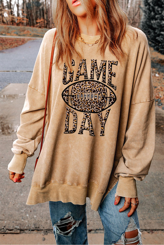 Khaki Loose Leopard GAME DAY Graphic Sweatshirt Khaki 75%Polyester+25%Cotton Graphic Sweatshirts JT's Designer Fashion