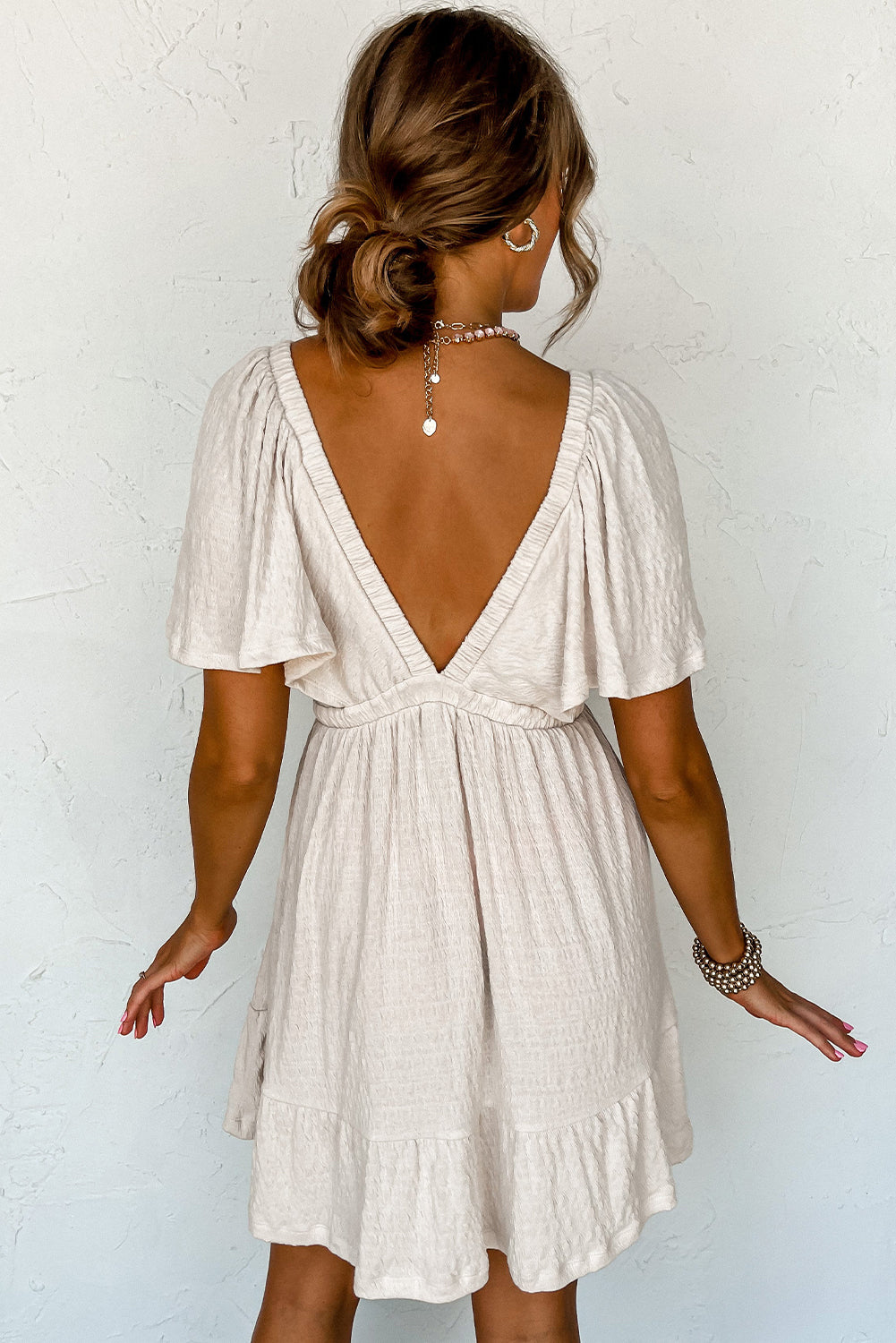 Beige Textured Deep V Neck Cutout Back Mini Dress Dresses JT's Designer Fashion