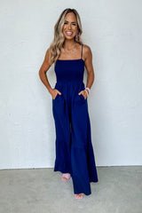 Navy Blue Spaghetti Straps Smocked Ruffled Wide Leg Jumpsuit Bottoms JT's Designer Fashion