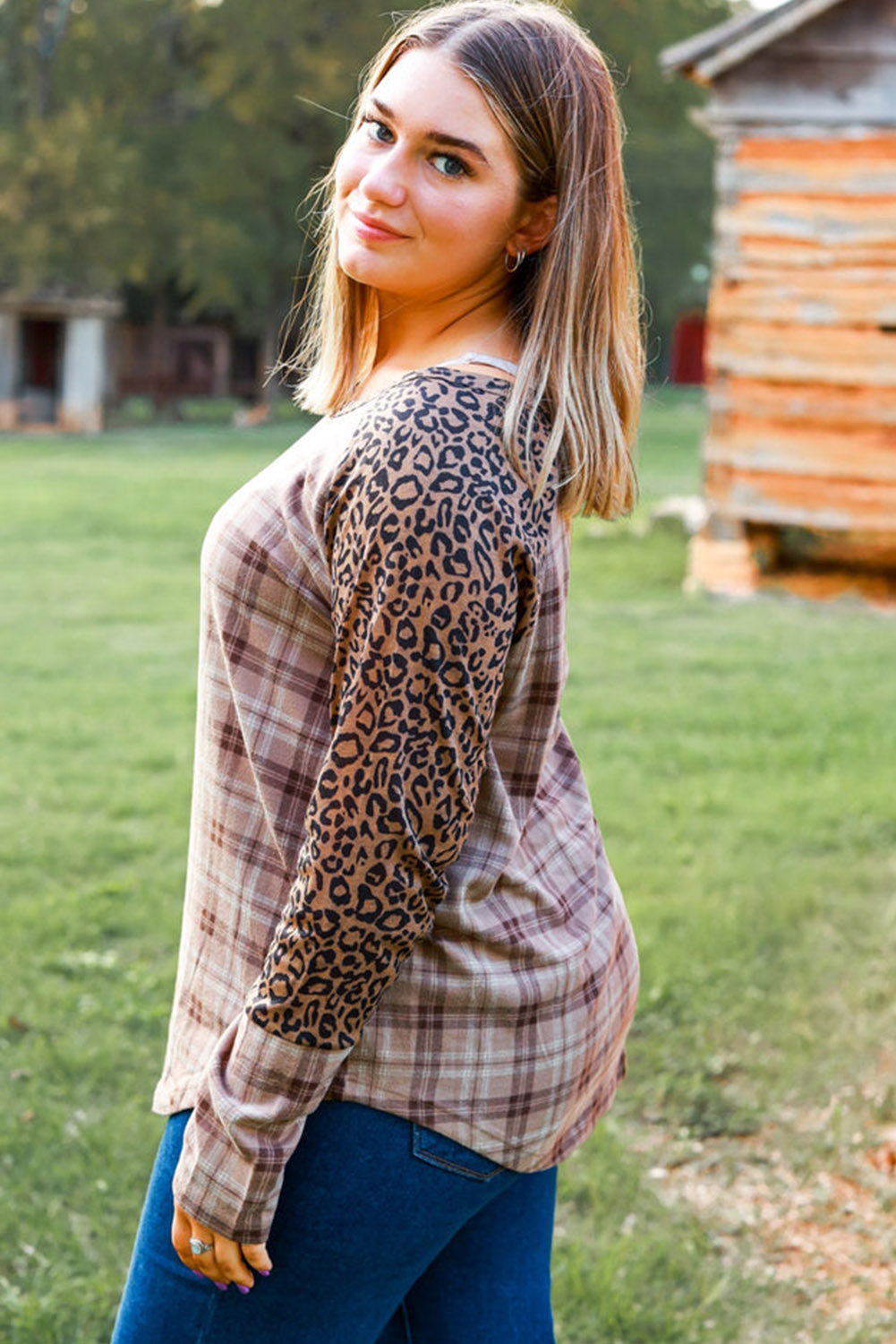 Chestnut Plus Size Leopard Raglan Sleeve Plaid Top Plus Size JT's Designer Fashion