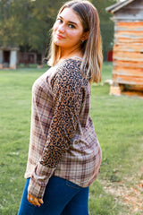 Chestnut Plus Size Leopard Raglan Sleeve Plaid Top Plus Size JT's Designer Fashion
