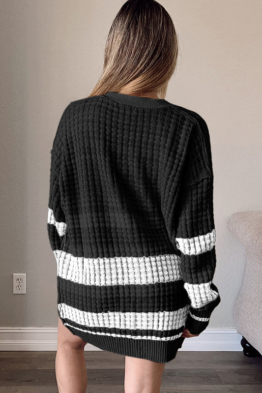 Black Colorblock Textured Knit Buttoned Cardigan Sweaters & Cardigans JT's Designer Fashion