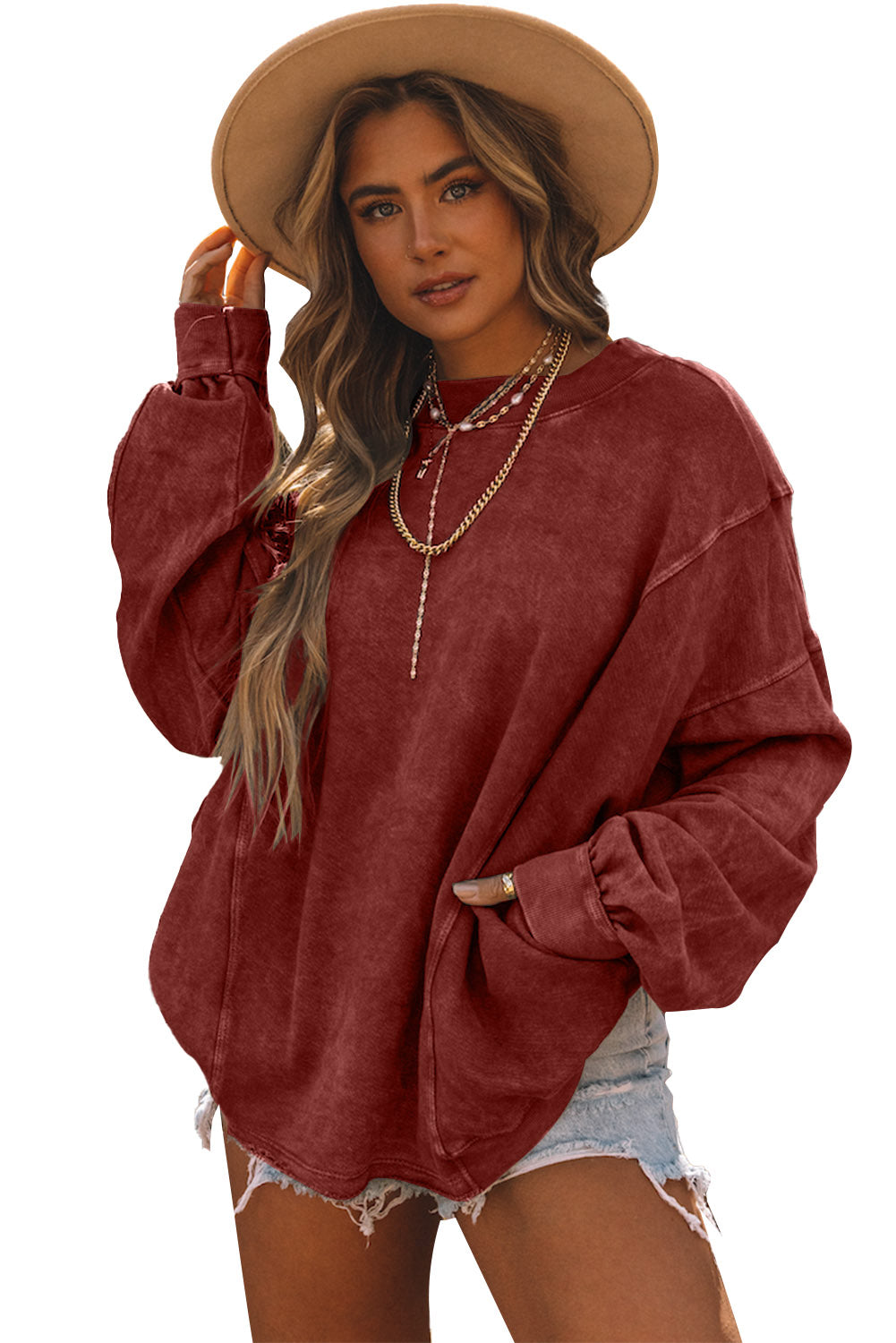 Red Exposed Seam Twist Open Back Oversized Sweatshirt Sweatshirts & Hoodies JT's Designer Fashion