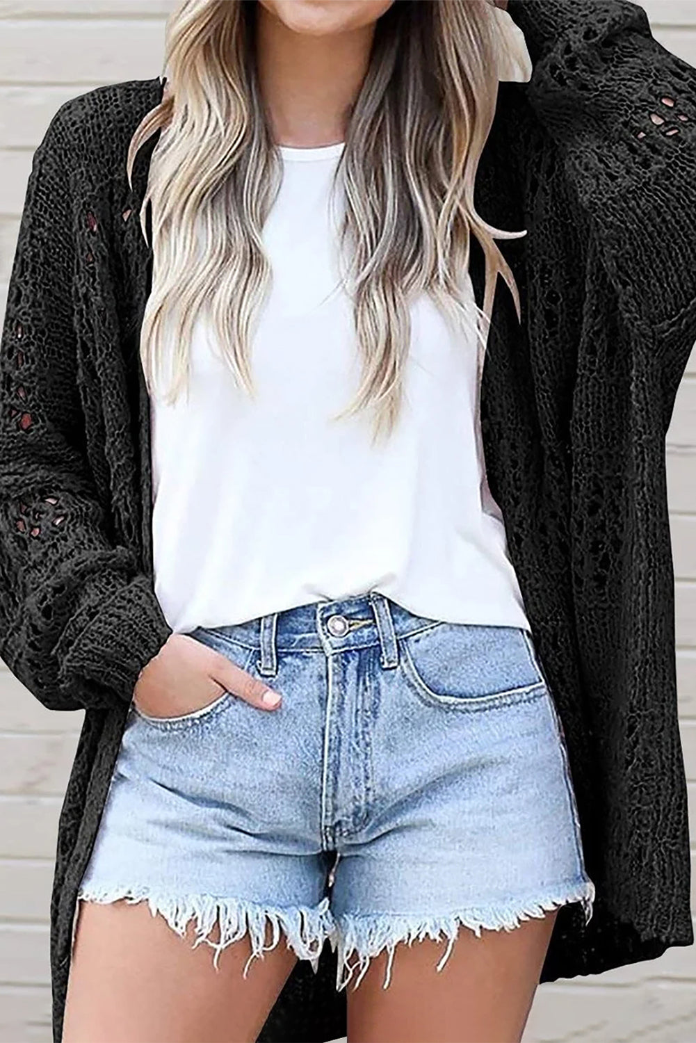 Black White Casual Hollowed Knit Dolman Sleeve Cardigan Sweaters & Cardigans JT's Designer Fashion
